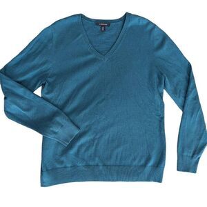 LANDS' END Blue V-Neck Sweater Baumwolle Lightweight Size M 10-12